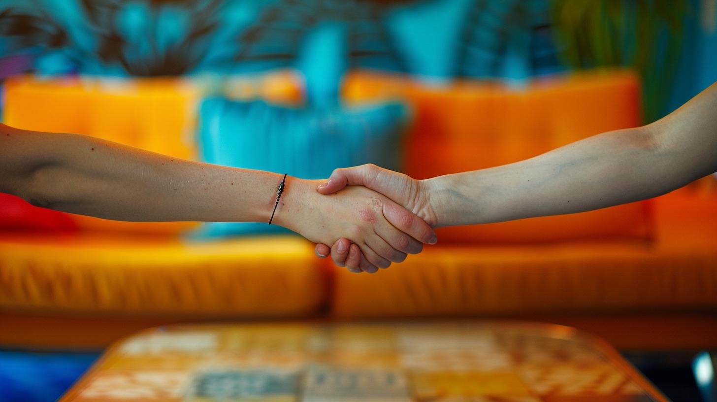 Two people shaking hands in front of a colorful background featuring orange and blue pillows.