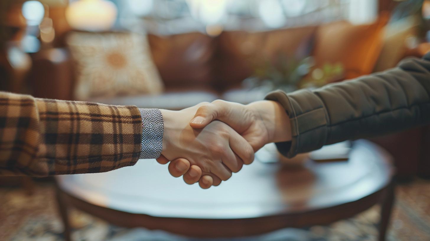 Two people shaking hands in a cozy living room setting.