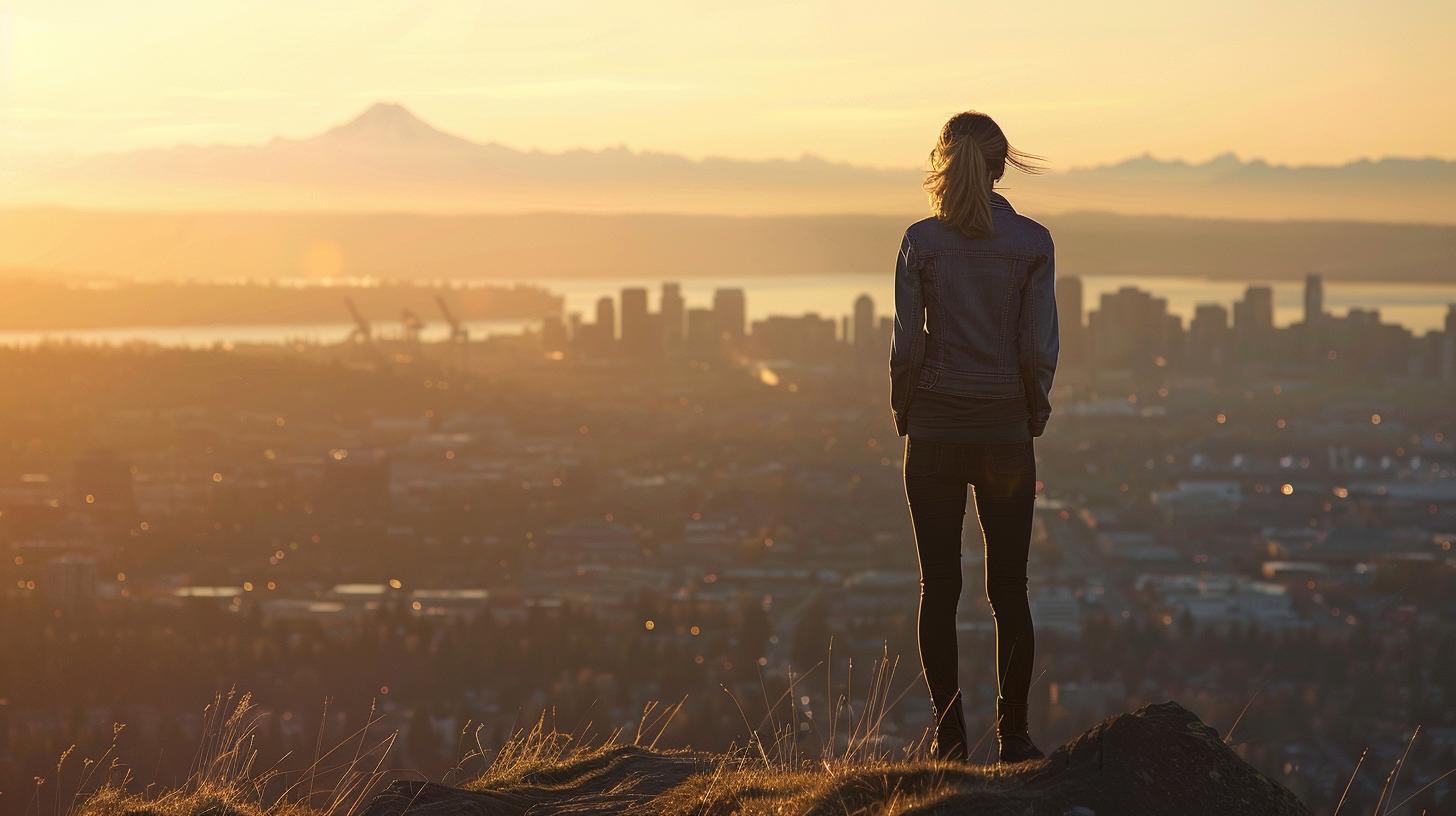 Woman overlooking cityscape at sunset from a hillside.